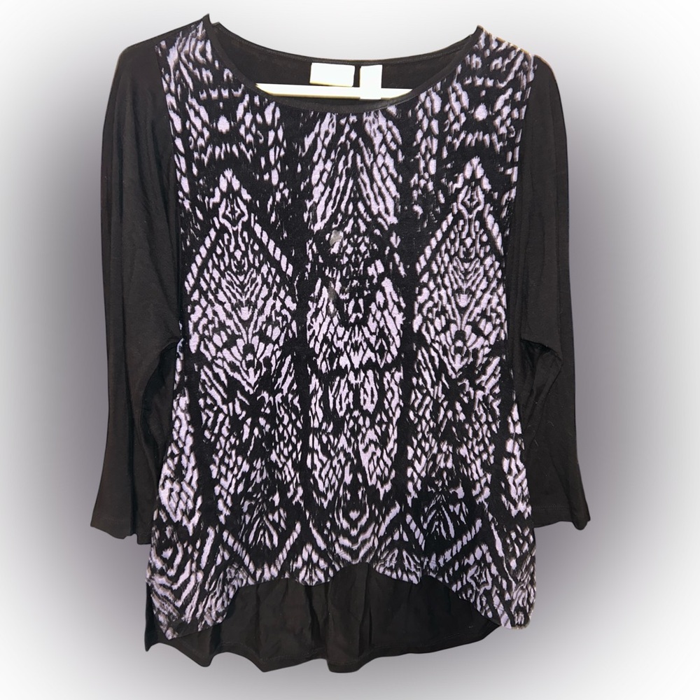 Chicos Woman Sz 1 Tunic 3/4  Sleeve Round Neck Gothic Black Gray